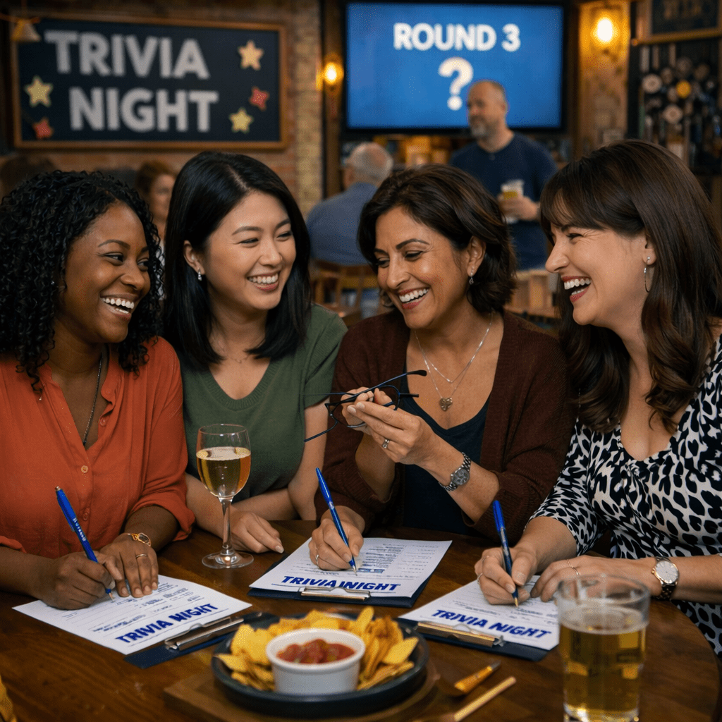 Four women laughing and writing on trivia night answer sheets at a bar with drinks and snacks on the table