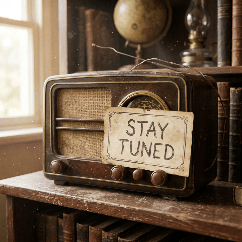 Vintage wooden radio with a paper sign reading 'Stay Tuned' taped to its front
